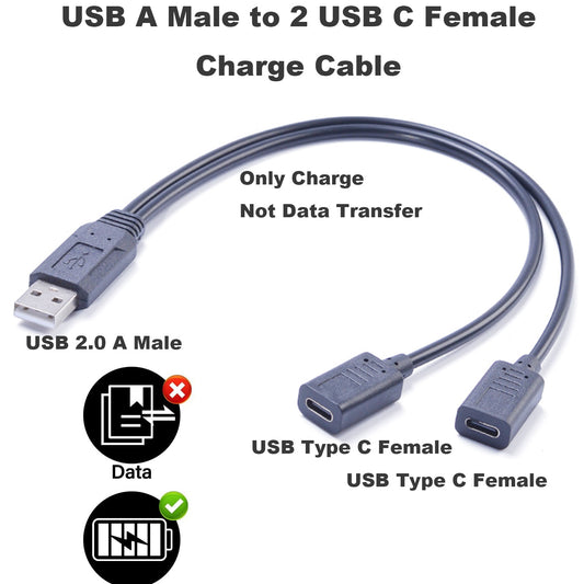 USB 2.0 A Male to Dual 2 USB‑C Female Y Splitter Charging Cable, One‑to‑Two Charge‑Only Power Cord for Phone, Tablet, Keyboard, Mouse and USB‑C Peripherals