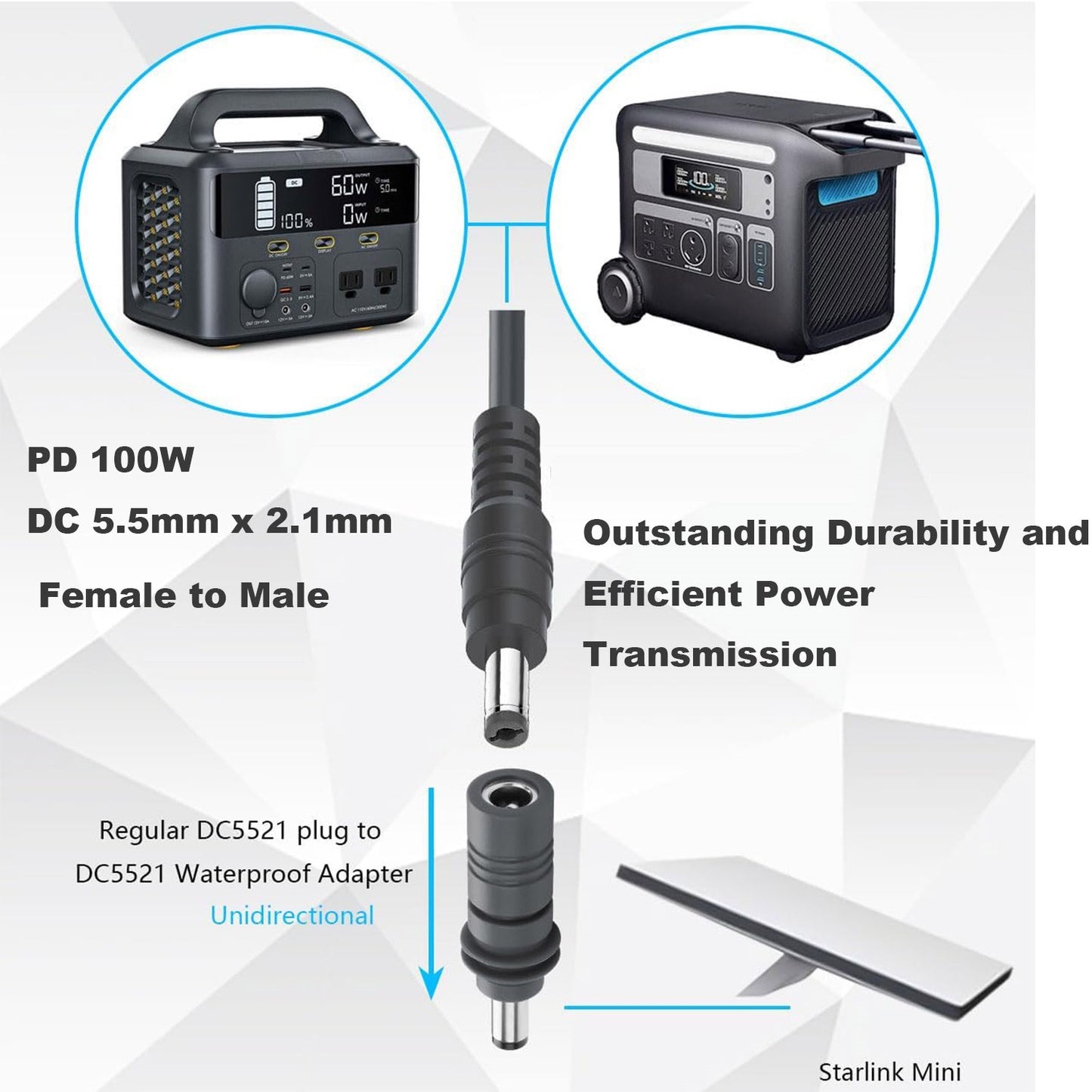 DC Power 5.5mm x 2.1mm Female to Male Power Charger Adapter PD 100W 20V 5A Connector for Starlink Mini Replacement Waterproof Cable