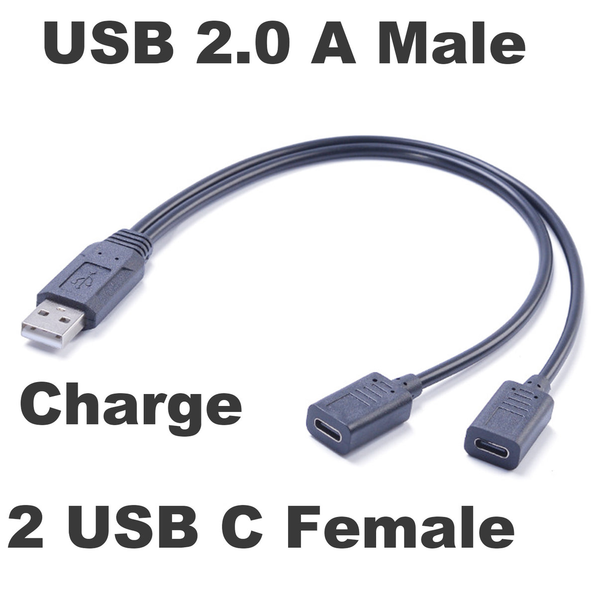 USB 2.0 A Male to Dual 2 USB‑C Female Y Splitter Charging Cable, One‑to‑Two Charge‑Only Power Cord for Phone, Tablet, Keyboard, Mouse and USB‑C Peripherals